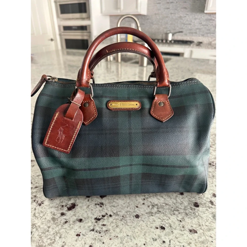 Polo Ralph Lauren VTG Black Watch Tartan Green Plaid Boston Bag Satchel Handbag